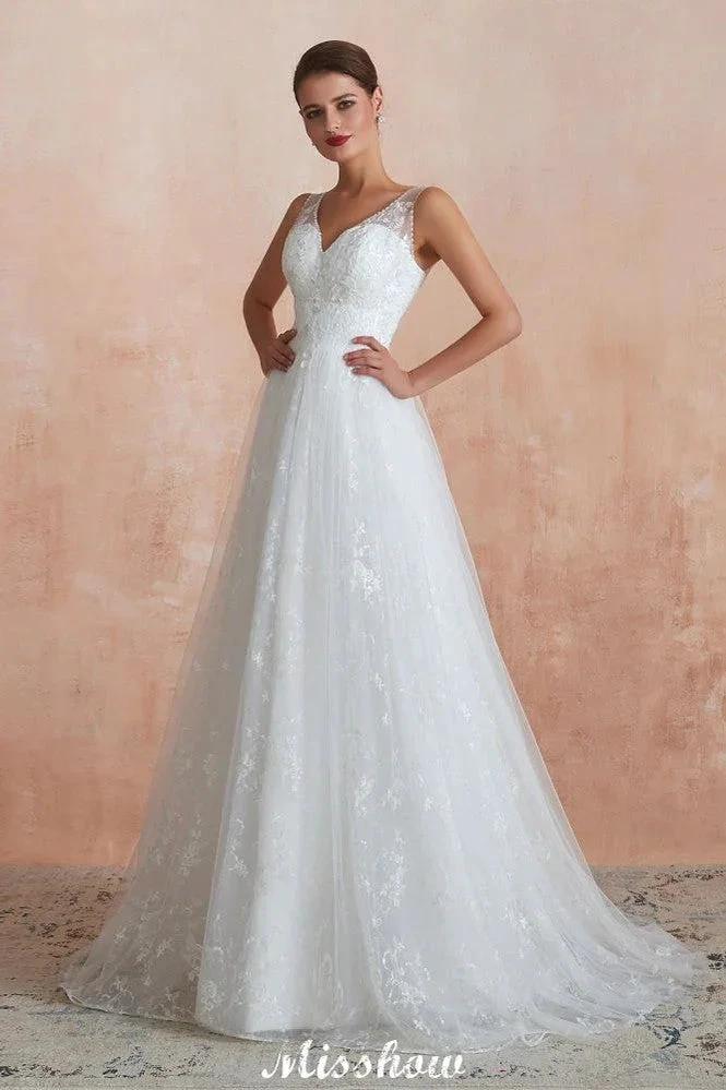 Elegant White V-Neck Princess Wedding Dress Aline Tulle Lace Bridal Gown (ZD13975)