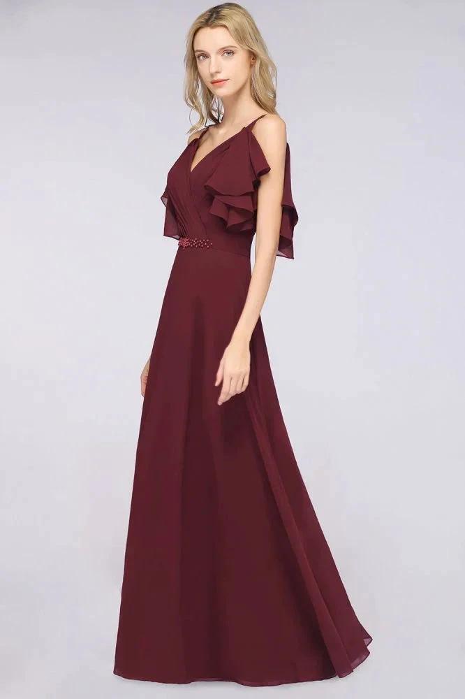 Elgant Ruffles Chiffon Floor-Length Bridesmaid Dress Aline Pearls Sleeveless Wedding Party Dress (ZD13106)