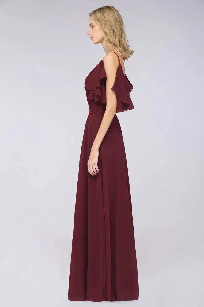 Elgant Ruffles Chiffon Floor-Length Bridesmaid Dress Aline Pearls Sleeveless Wedding Party Dress (ZD13106)