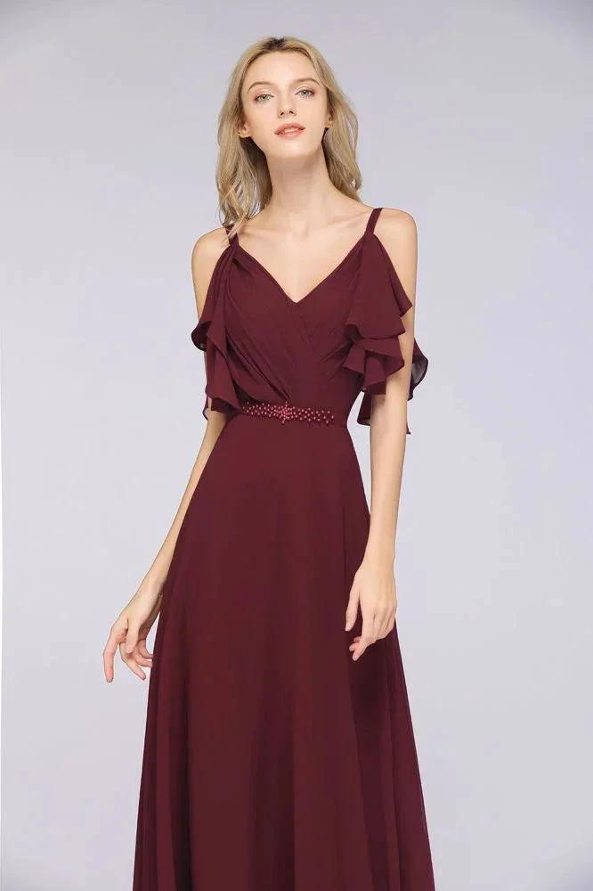 Elgant Ruffles Chiffon Floor-Length Bridesmaid Dress Aline Pearls Sleeveless Wedding Party Dress (ZD13106)