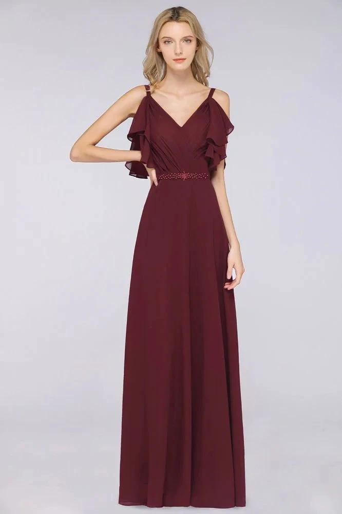 Elgant Ruffles Chiffon Floor-Length Bridesmaid Dress Aline Pearls Sleeveless Wedding Party Dress by misshow.com