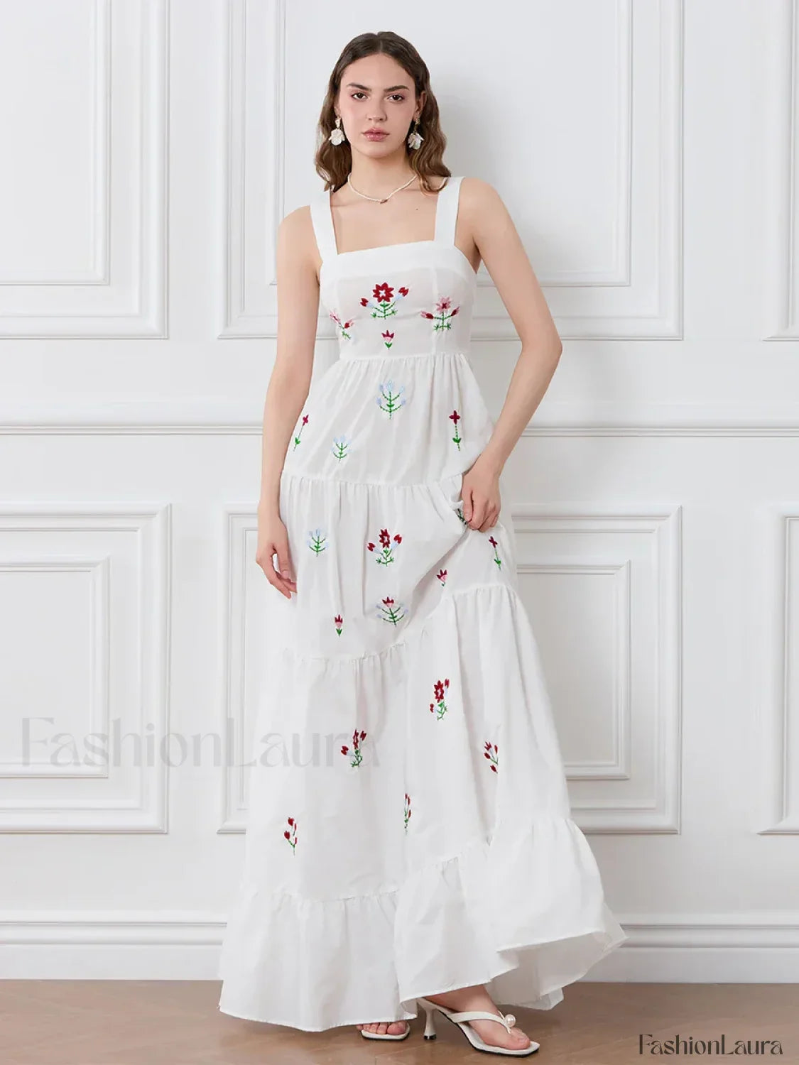 Embroidered Square Neck Boho Dress