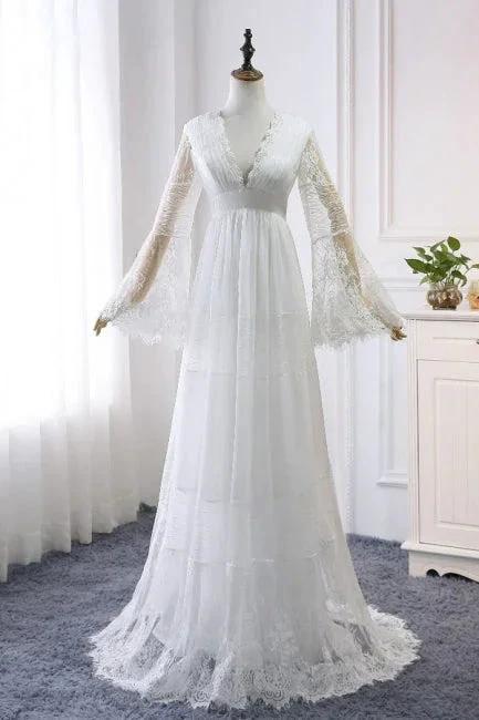 Empire Waist Long Sleeve Lace Tulle Wedding Dress by misshow.com