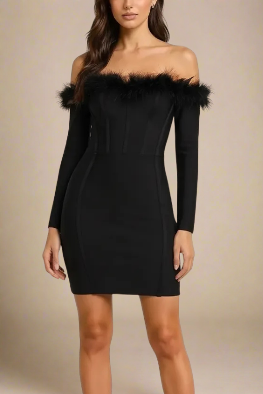 Woman wearing a figure flattering  Erin Long Sleeve Off Shoulder Bodycon Mini Dress - Classic Black BODYCON COLLECTION