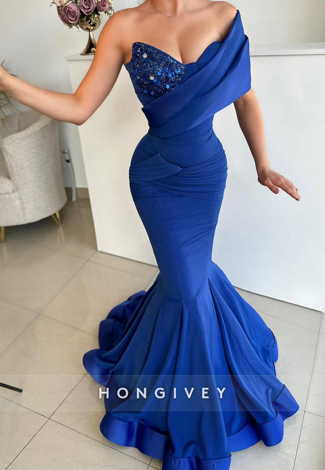 Mermaid Sequined Royal Blue Court Train One Shoulder Pleated Satin Evening Gown
