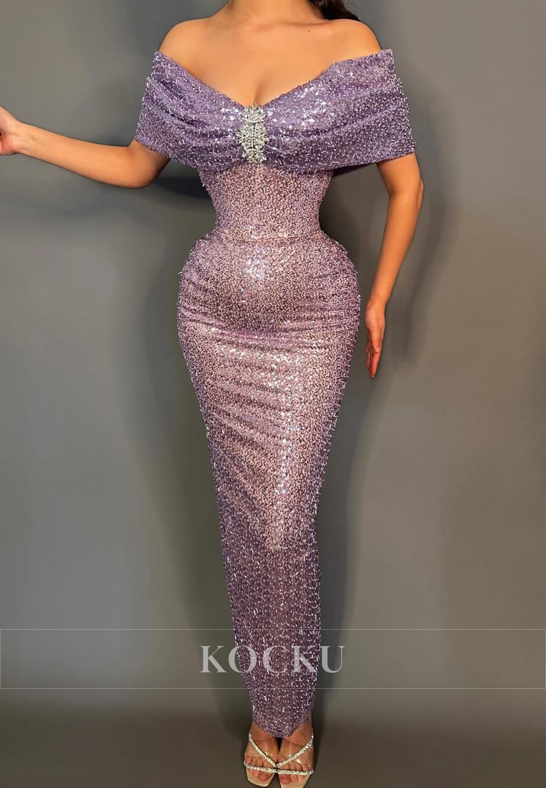 Stunning Off-Shoulder Sheath Evening Gowns Long Sequin Party Dress with Beads