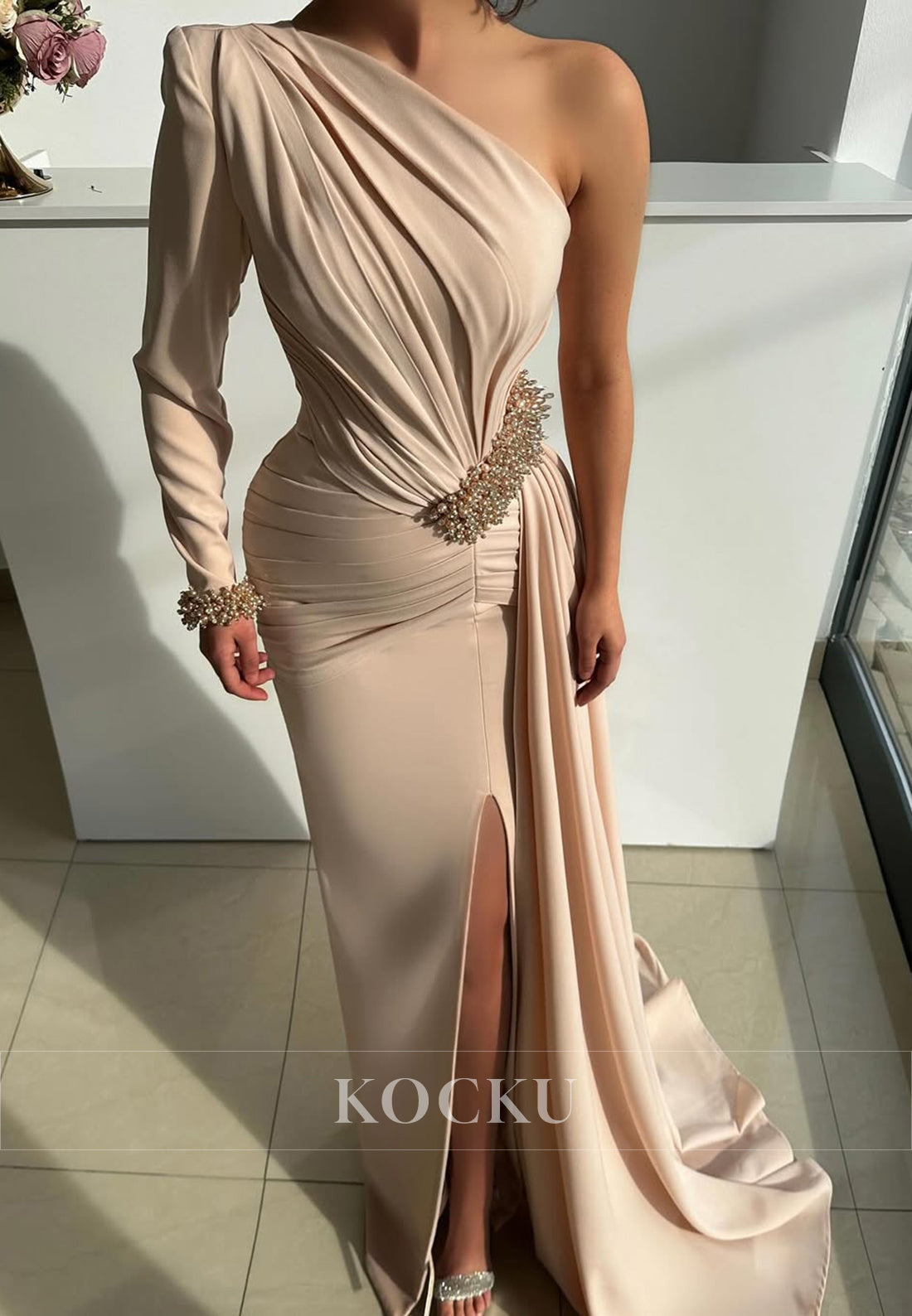 Glamorous One Shoulder Sleeves Sheath Beaded Satin Formal Party Gown with Slit