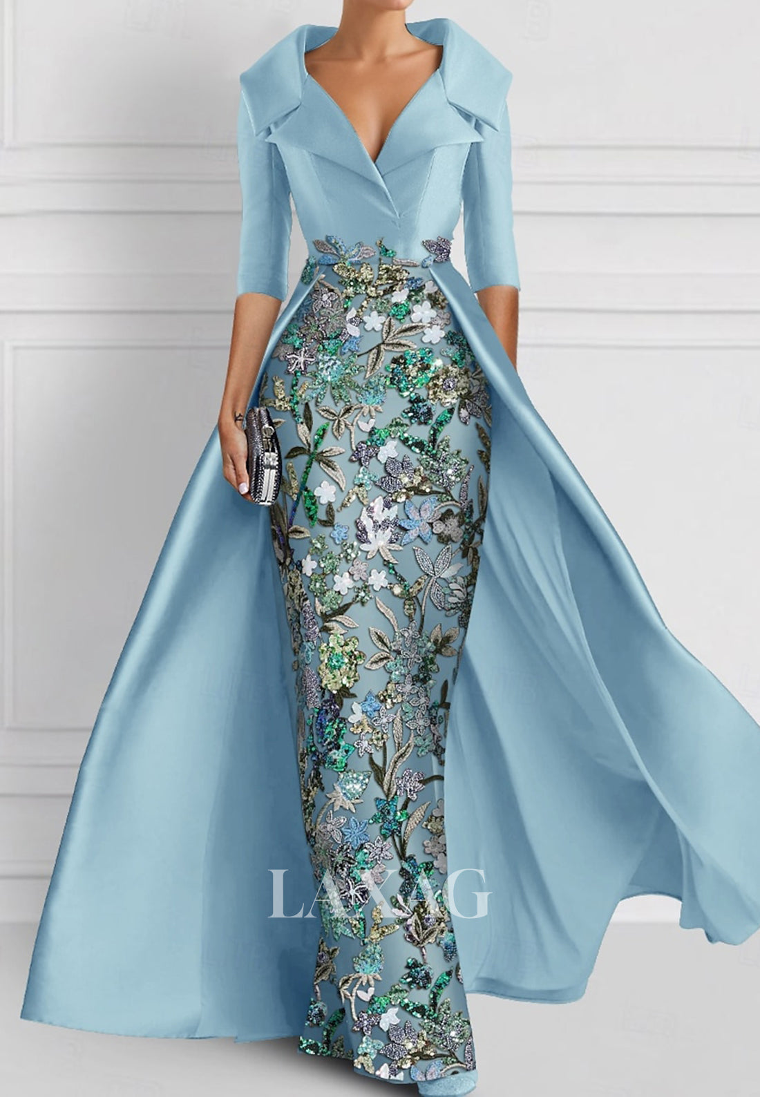 V-Neck Half-Sleeves Pleated Party Gowns Applique Embroidered Mermaid Wedding Guest Dress with Overskirt
