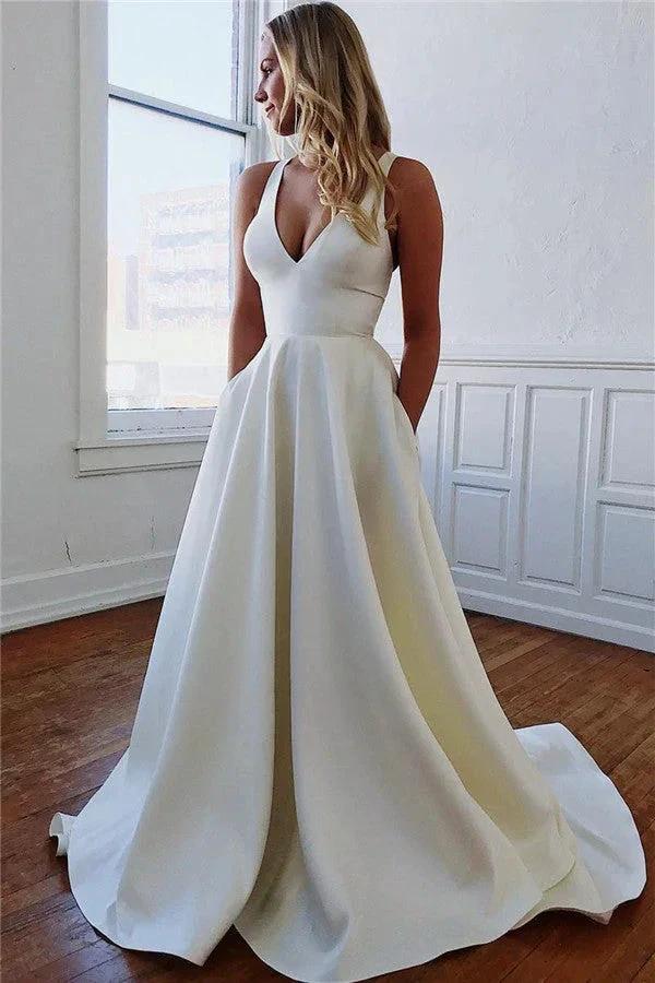 Excellent Long A-line Straps Bow Backless Wedding Dresses with Pockets (ZD14466)