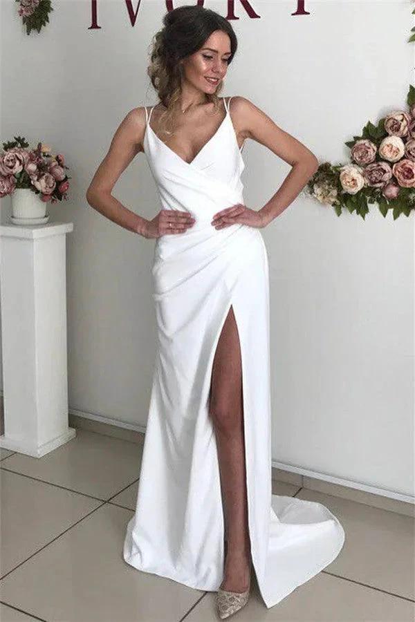 Excellent Long Mermaid Satin White Backless Wedding Dress with Slit (ZD14465)