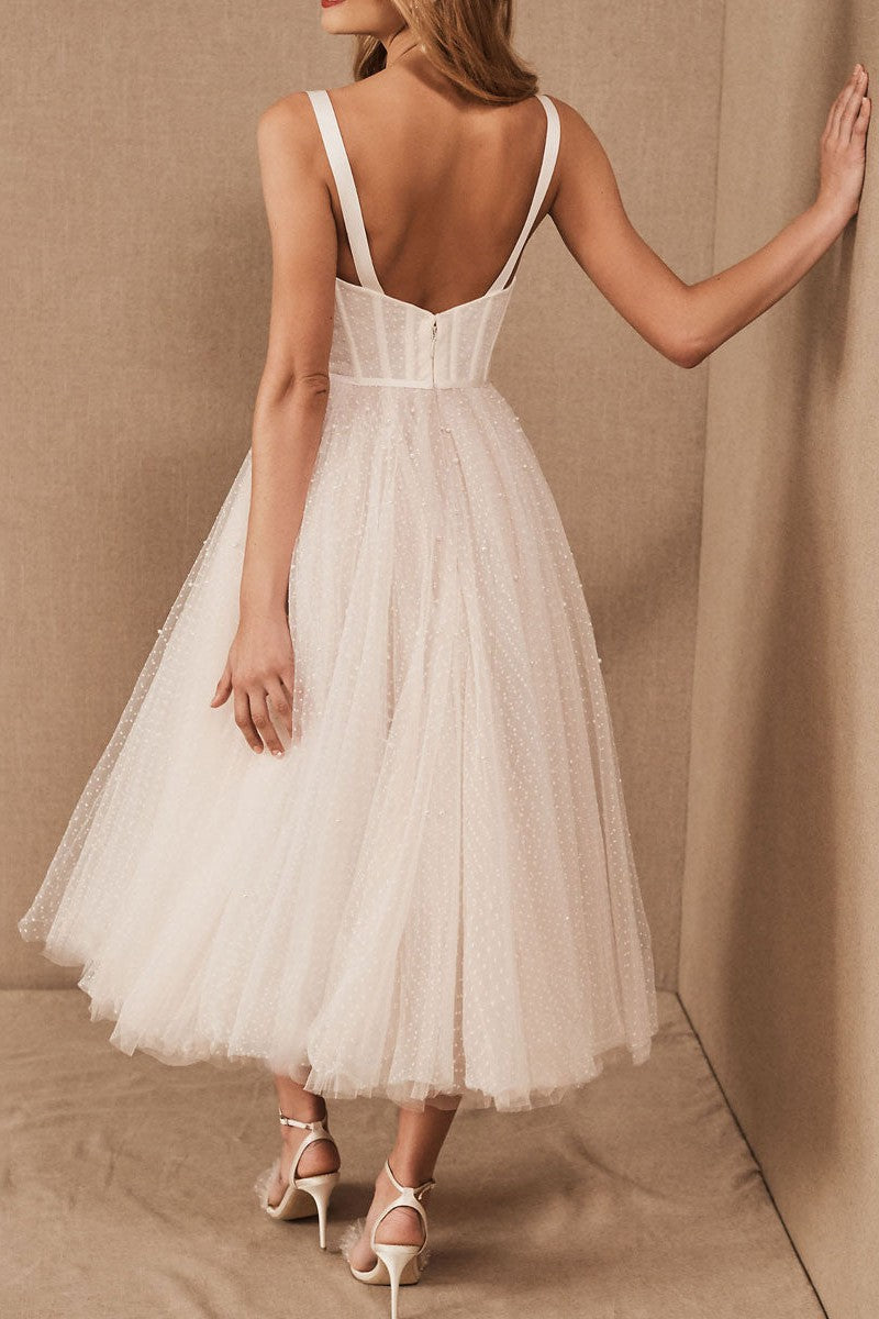 Exclusive White Wedding Dresses T-Length A-Line Sweetheart Pearls Spaghetti Straps Tea-Length Bridal Dress