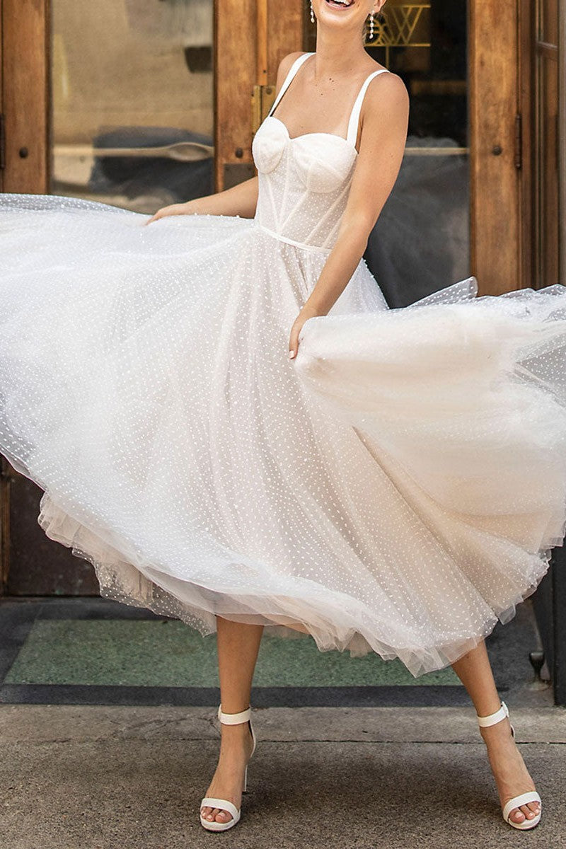 Exclusive White Wedding Dresses T-Length A-Line Sweetheart Pearls Spaghetti Straps Tea-Length Bridal Dress