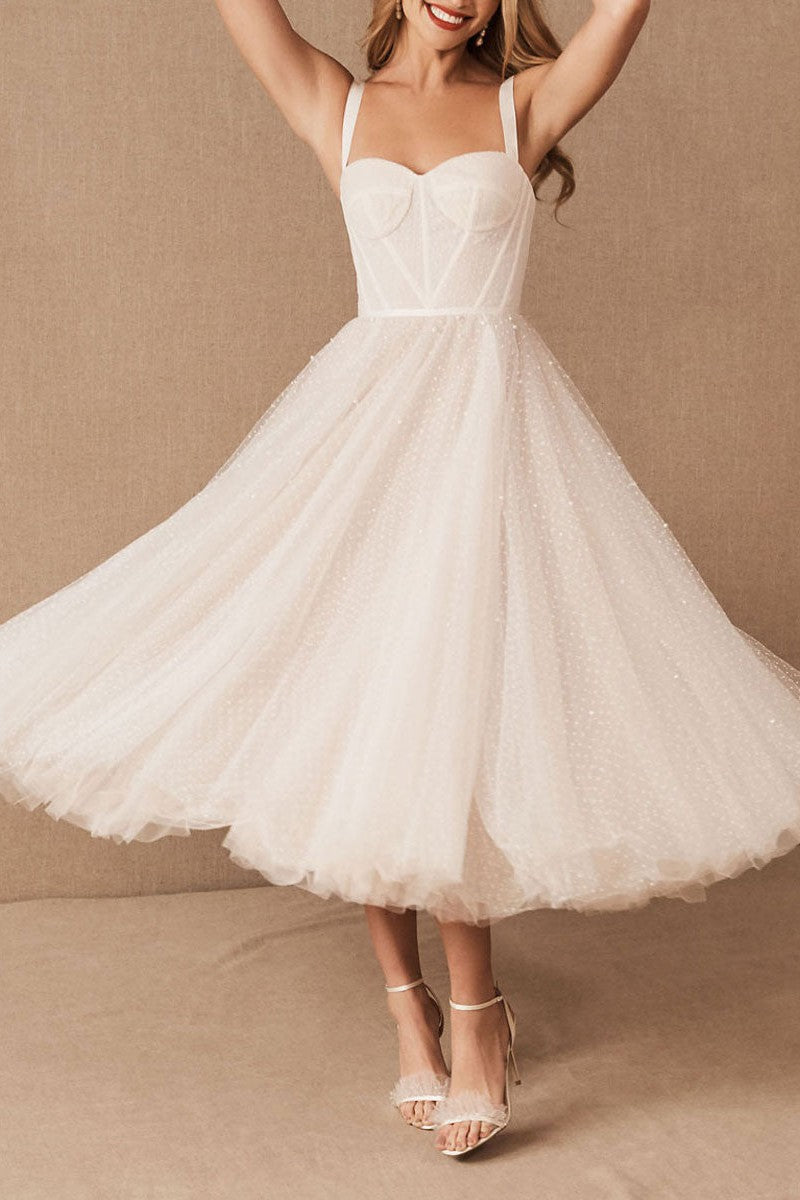 Exclusive White Wedding Dresses T-Length A-Line Sweetheart Pearls Spaghetti Straps Tea-Length Bridal Dress