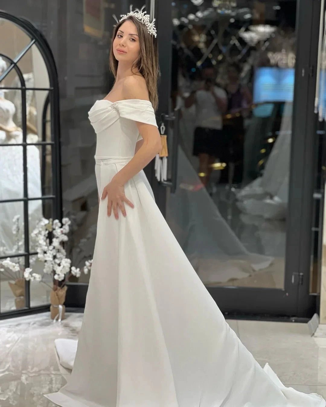 Exquisite Floor Length Off-The-Shoulder A-Line Satin Wedding Dress with Beads (ZD14795)