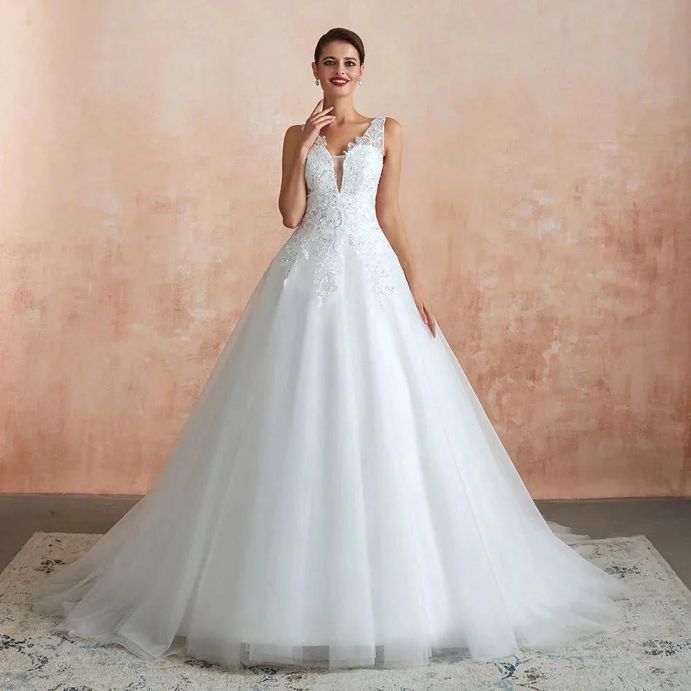 Exquisite Long A-line Appliques Lace Tulle Wedding Dress (ZD14401)