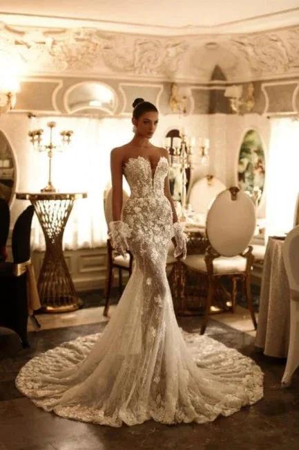 Exquisite Long Ivory Mermaid V-neck Strapless Tulle Lace Wedding Dress (ZD16640)