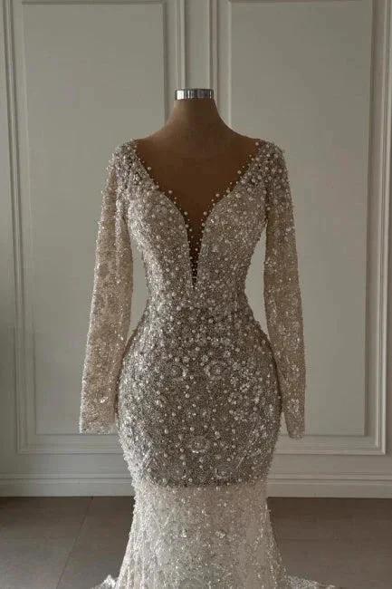 Exquisite Long Mermaid V-neck Lace Long Sleeves Wedding Dress with Pearls (ZD15557)