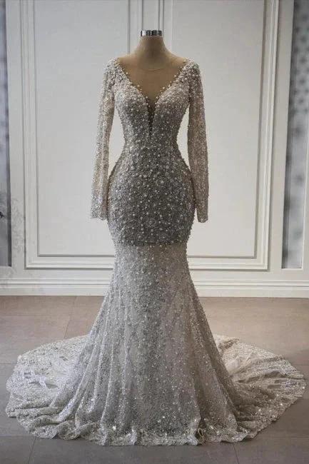 Exquisite Long Mermaid V-neck Lace Long Sleeves Wedding Dress with Pearls (ZD15557)
