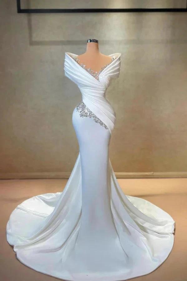 Exquisite Long White Mermaid Off-the-shoulder Lace Satin Wedding Dress with Rhinestones (ZD16680)