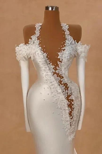 Exquisite Long White Mermaid Straps Satin Long Sleeves Wedding Dress with Pearls (ZD16658)