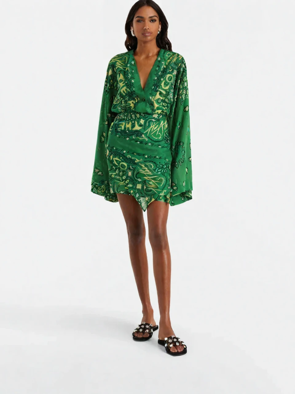 Green Paisley Kimono Sleeve Mini Dress