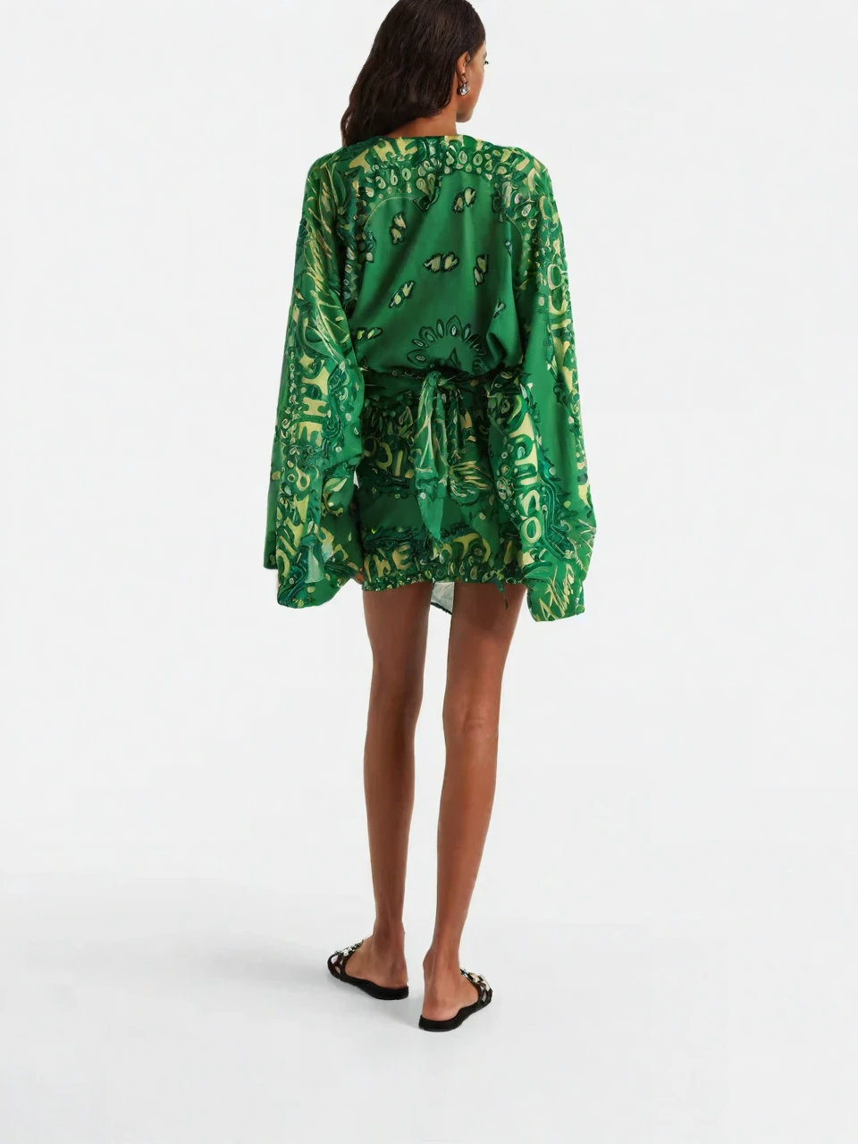 Green Paisley Kimono Sleeve Mini Dress