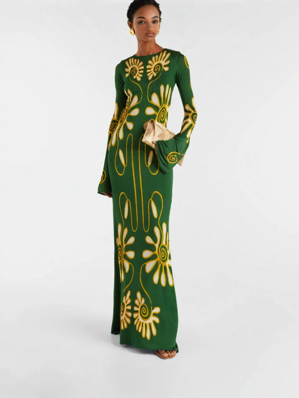 Green Abstract Floral Flare Sleeve Maxi Dress