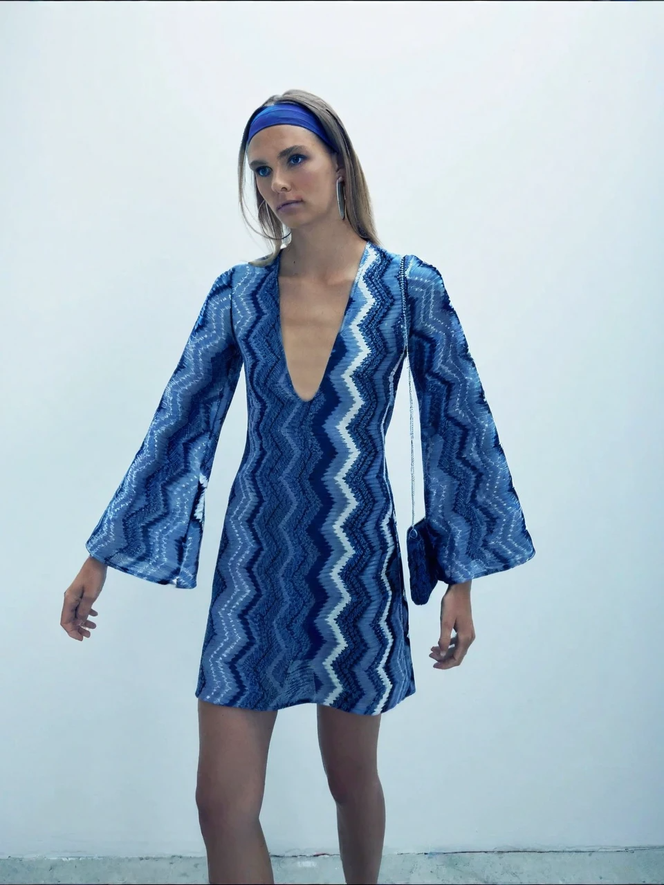 Blue Zigzag Knit Mini Dress