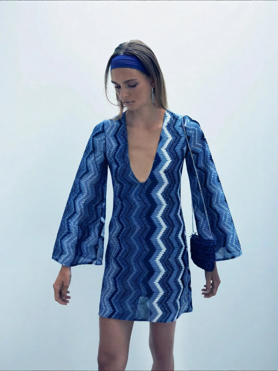 Blue Zigzag Knit Mini Dress