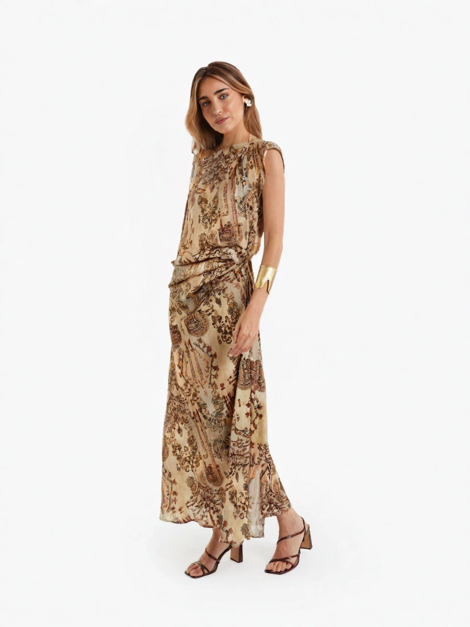 Asymmetric Sleeve Print Midi Dress