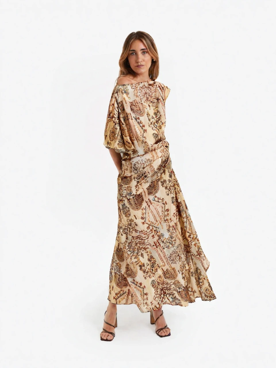 Asymmetric Sleeve Print Midi Dress