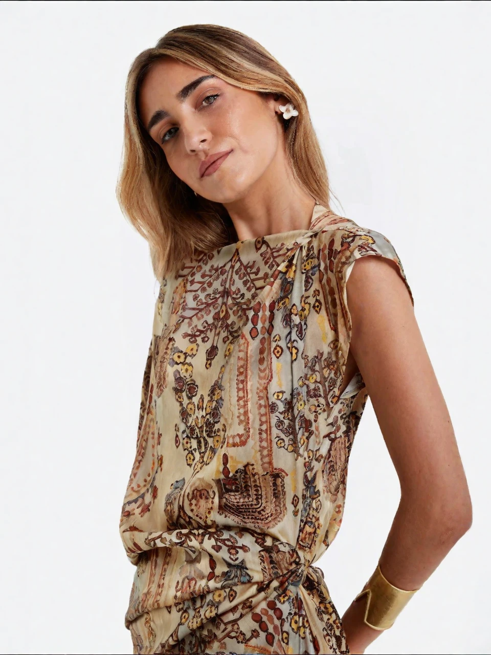 Asymmetric Sleeve Print Midi Dress