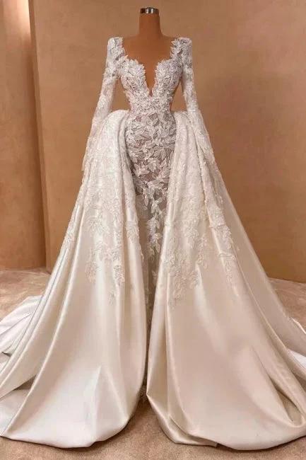 Extravagant Long A-line V-neck Lace Satin Long Sleeves Wedding Dress with Detachable Train (ZD16659)