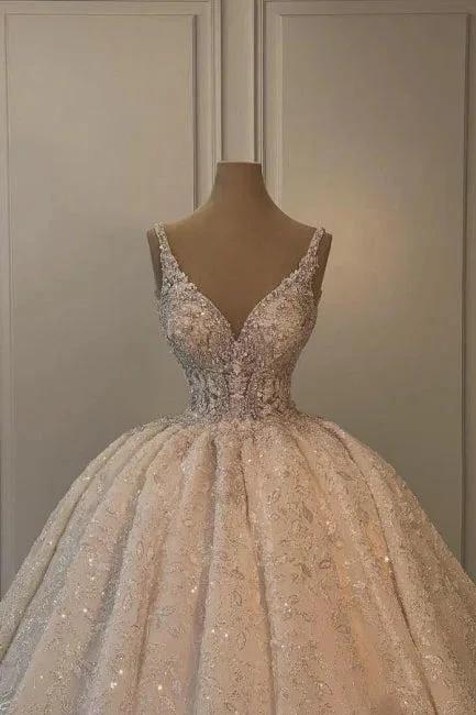 Extravagant Long A-line V-neck Sleeveless Princess Glitter Wedding Dress with Lace (ZD16644)