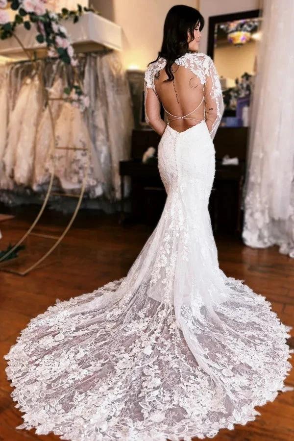 Extravagant Long Mermaid V-neck Backless Lace Wedding Dress with Long Sleeves (ZD15514)