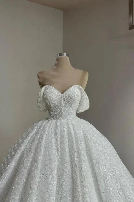 Extravagant Long White A-line Off-the-shoulder Lace Wedding Dress with Pearls (ZD16629)