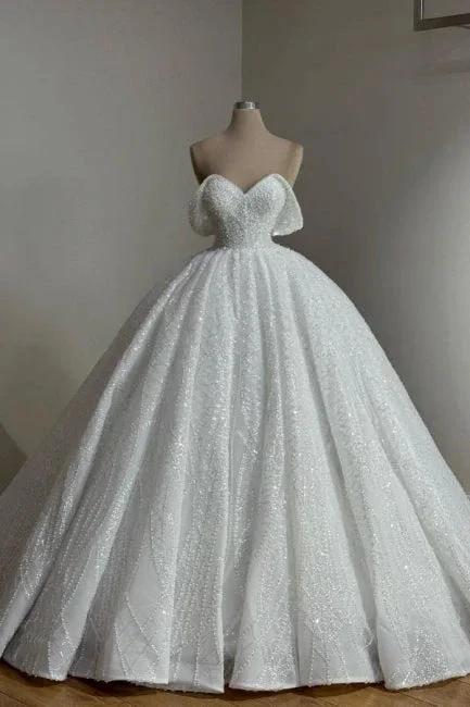 Extravagant Long White A-line Off-the-shoulder Lace Wedding Dress with Pearls (ZD16629)