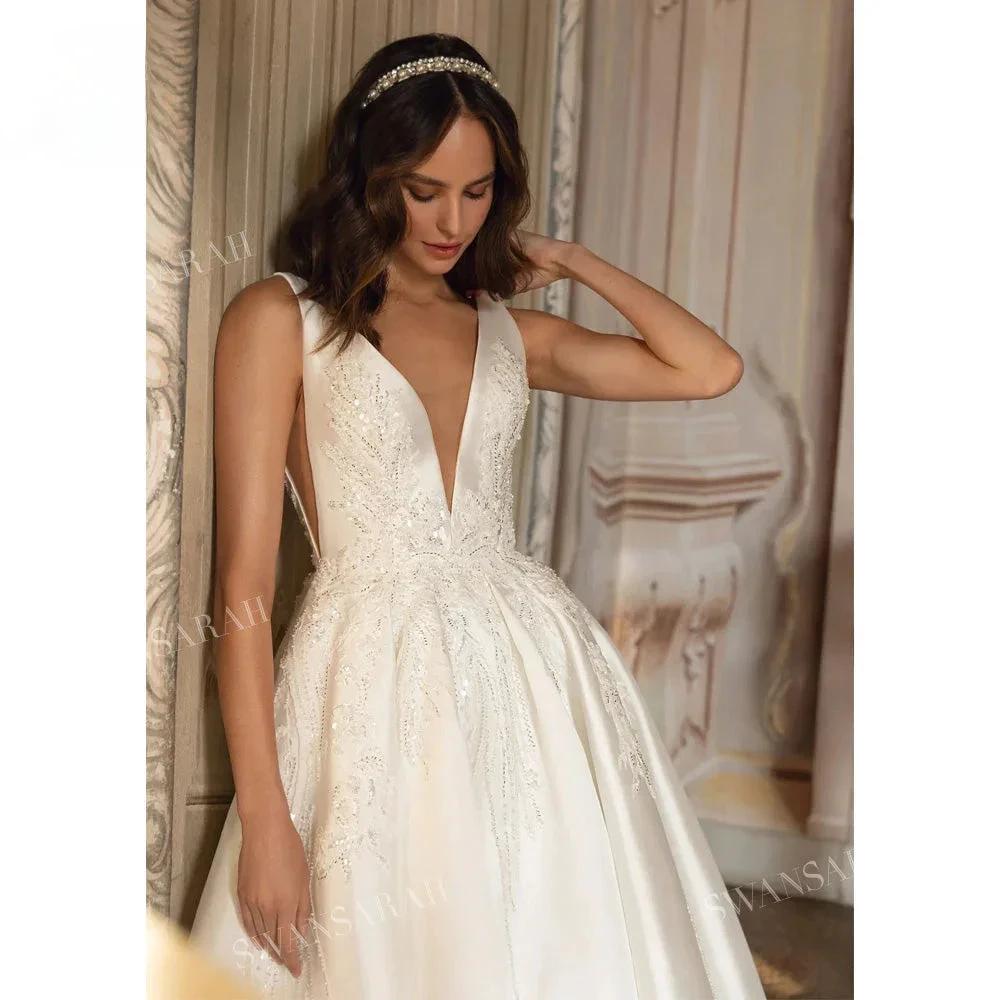 V-neck Sleeveless Wedding Dress 2024 Beading Open Back Court Train Princess Bride Gown SwanSarah P277 Plus Size Vestido De Novia (ZD13426)