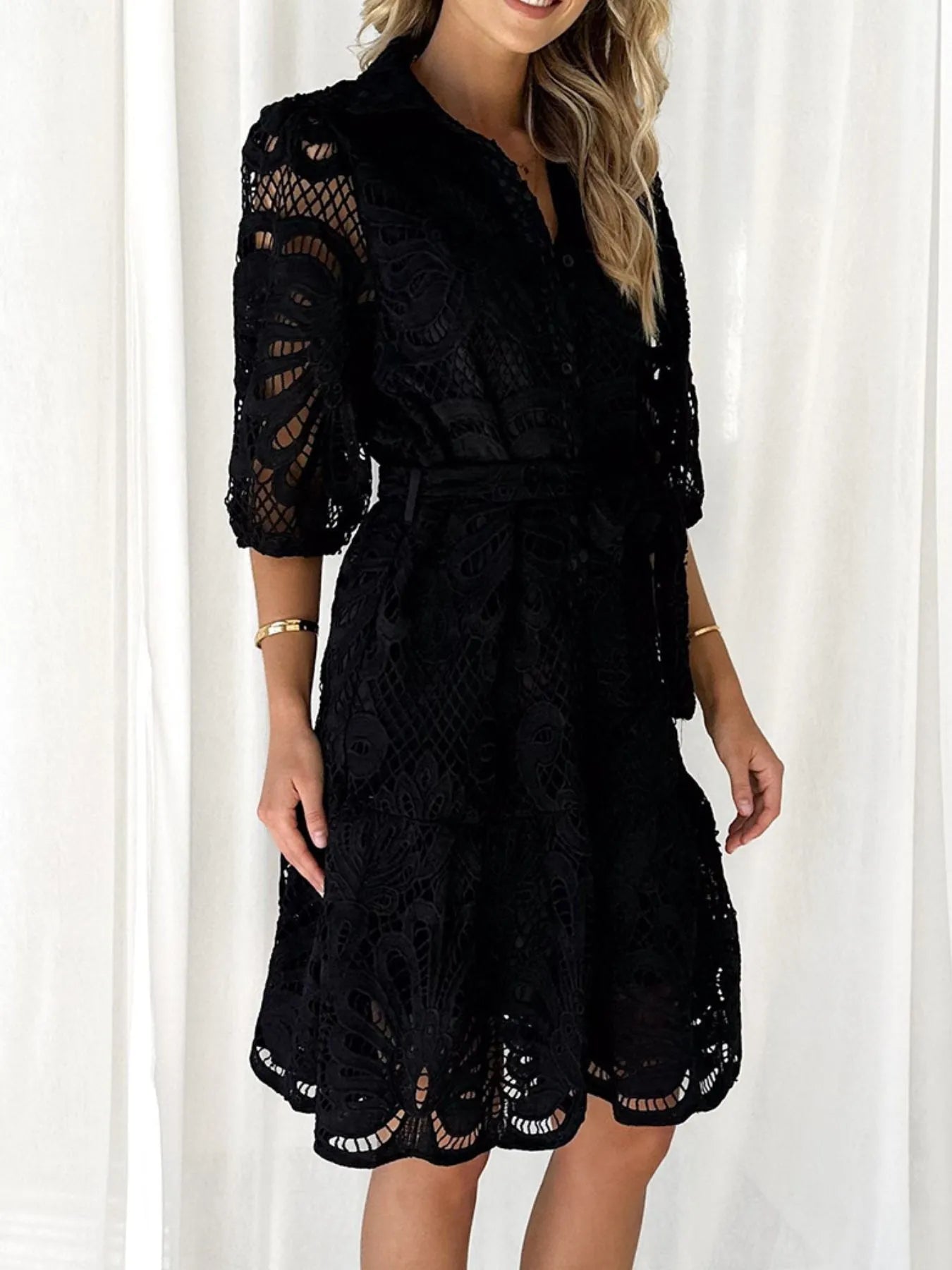 Viola Minimalist Lace Mini Dress with Tie Waist and Half Sleeves Boutique Collection