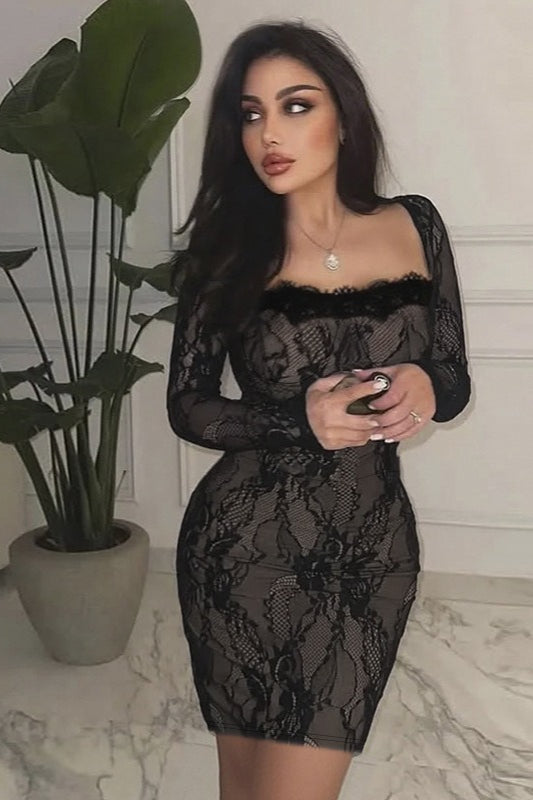 Square Neck Long Sleeve Bodycon Lace Dress - View 2 | VelvetHem