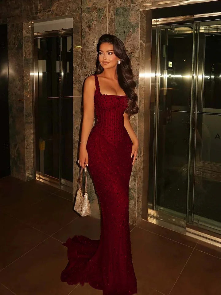 Luxurious Champagne Gold Mermaid Square Neck Sequined Prom & Evening Dress - View 9 | FashionDia