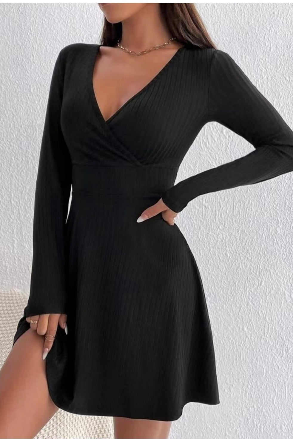 Knit V Neck Waist Cinched A Line Long Sleeve Sweater Dress - View 3 | VelvetHem