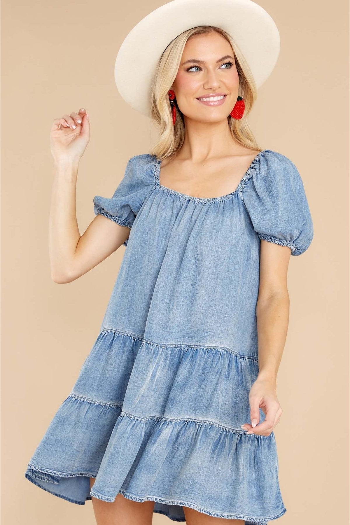 Short Sleeve Tiered Denim Dress - View 5 | VelvetHem