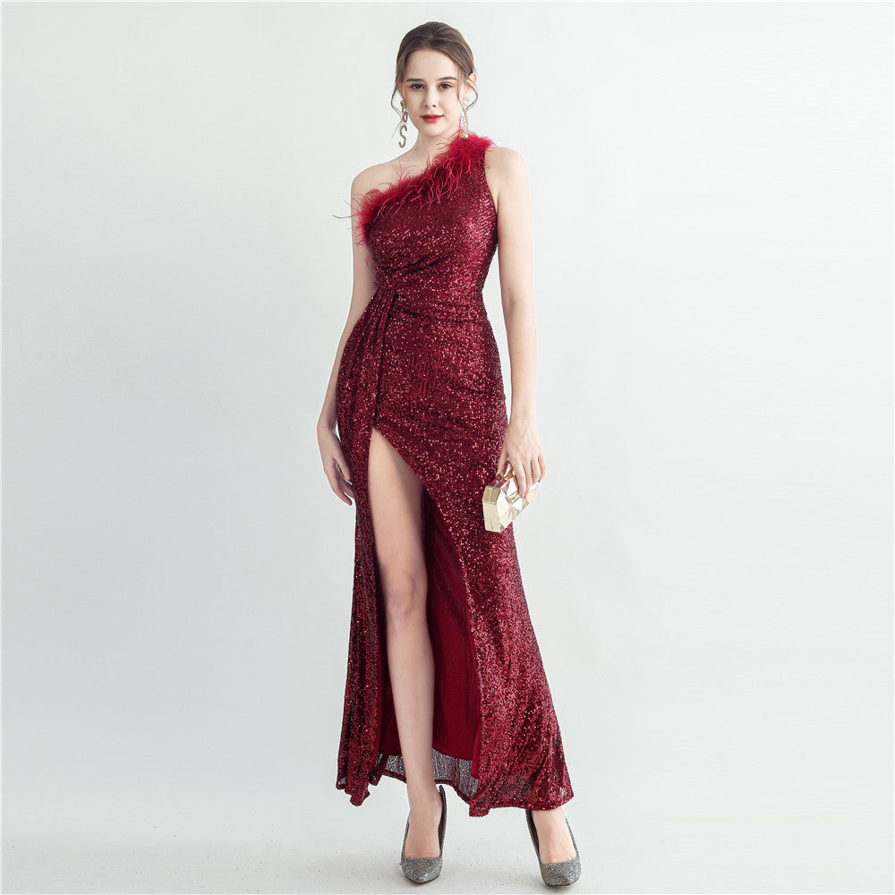 Hand Nailed Ostrich Feather Off Shoulder Sequined Evening Dress with Roman Collar - View 5 | VelvetHem