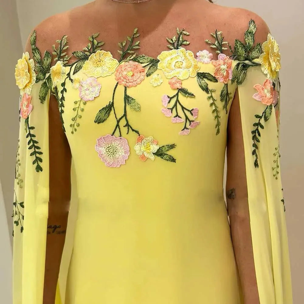 Fairy Yellow Chiffon Prom Dress Mermaid Cap Sleeves Appliques Formal Evening Dress Slit Floor Length Party Gowns