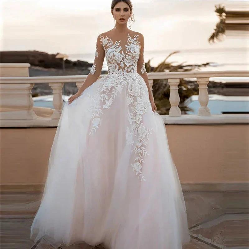 Sheer Sleeves Illusion Lace Wedding Dresses Applique Beach Bridal Gown Sexy Robe De Mariee Bride Dress For Women Bohemian 2022 (ZD13510) - VelvetHem
