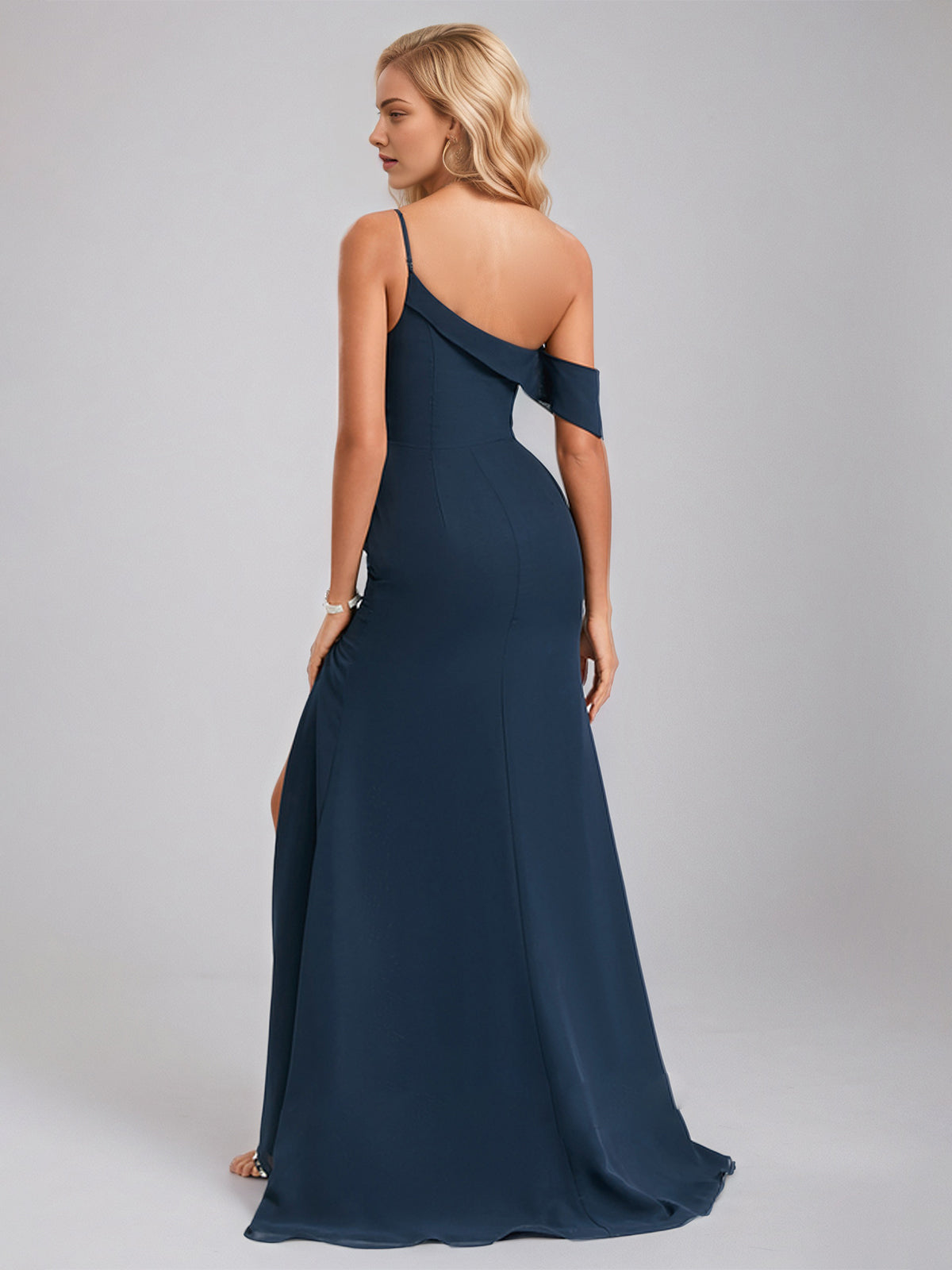 Dark Navy Sheath/Column One Shoulder Sleeveless Floor-Length Chiffon Bridesmaid Dress