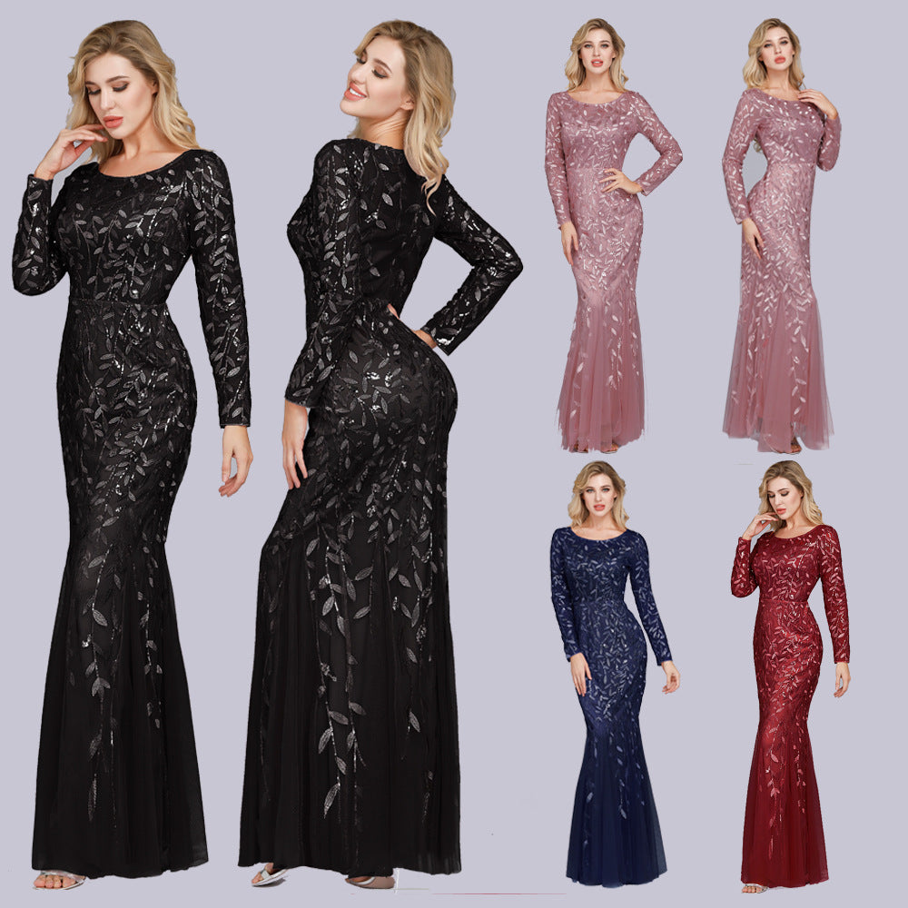 Spring Multi-Color Long Sleeve round Neck Fishtail Banquet Evening Dress for Women - View 5 | VelvetHem