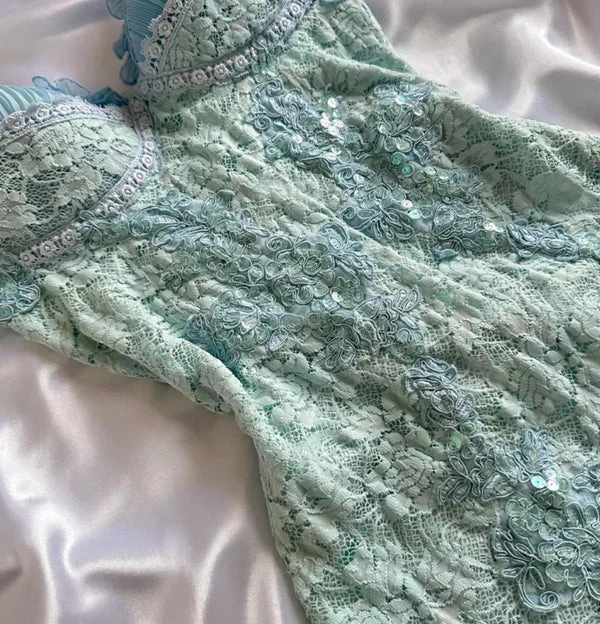 Spaghetti Straps Blue Lace Birthday Dress Pleated Short Party Dress