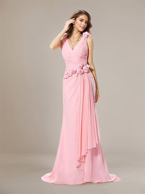 Pink Trumpet/Mermaid V-Neck Floor Length Chiffon Bridesmaid Dress With Hand-Made Flower